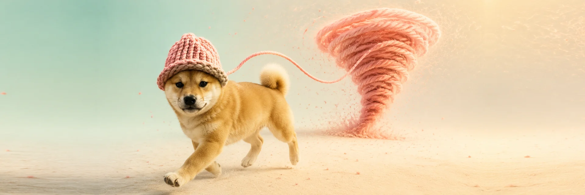 The WIF pup trotting calmly away from a pink yarn tornado, still wearing the hat